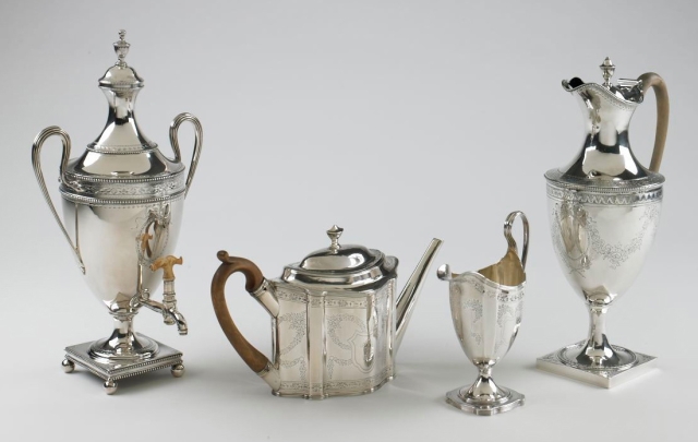 Hester Bateman silver , a hot water urn, teapot, milk jug and coffee pot (dates unknown)